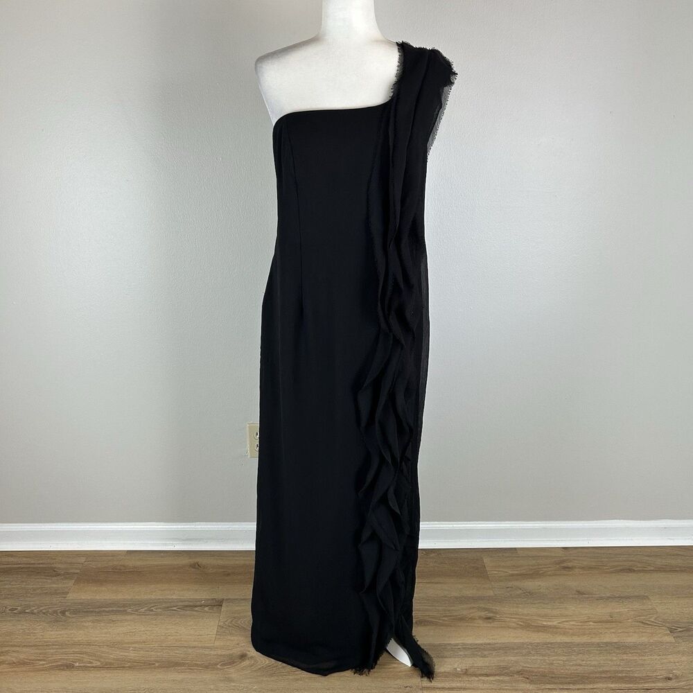 Vera Wang Black One-Shoulder Ruffle-Trim Maxi Dress